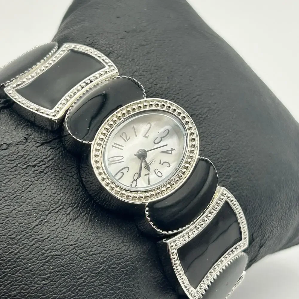Black Mother Pearl Black And Silvertone Cuff Bracelet Watch Working New Battery